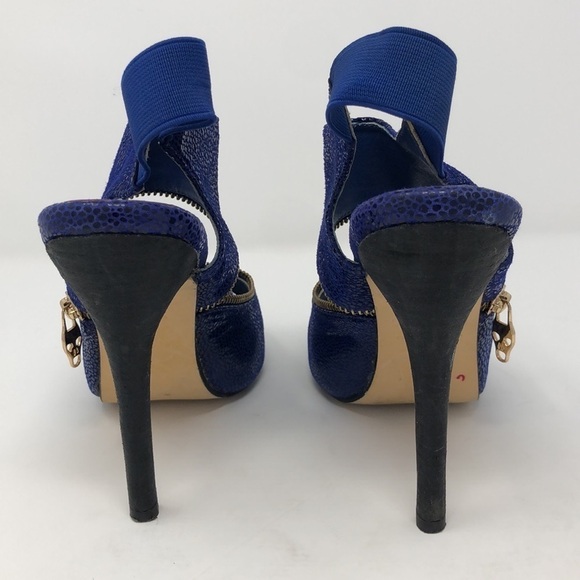 Alexander McQueen Blue Snakeskin Peep Toe Skull Zip Slingback Heels size 34 - Picture 3 of 7